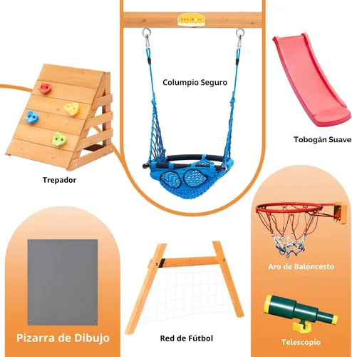 Vista 5 de Juego de columpio y tobogán para niños pequeños de 86 x 78 pulgadas, juegos de madera 6 en 1 para patios traseros con columpio de bebé, tobogán