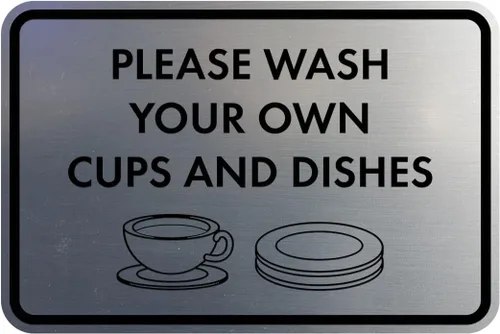 Vista 17 de Letrero clásico enmarcado con texto en inglés «Please Wash Your Own Cups and Dishes» (negro)
