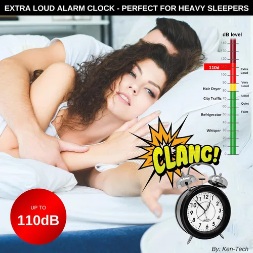 Vista 2 de Reloj despertador Atomic Retro Twin Bell para dormitorios. Reloj despertador fuerte para personas que duermen mucho tiempo perfecto para dormitorio