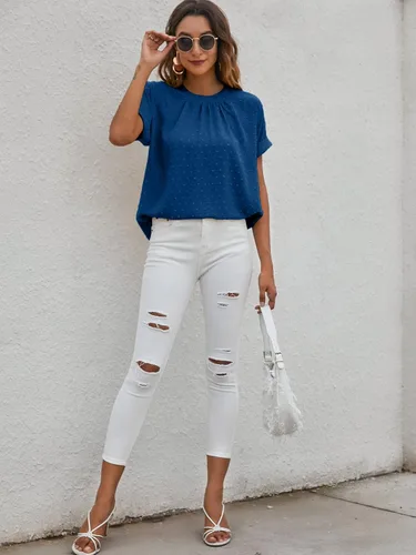 Vista 5 de Romwe Blusa casual de trabajo con cuello redondo y manga corta plisada para mujer