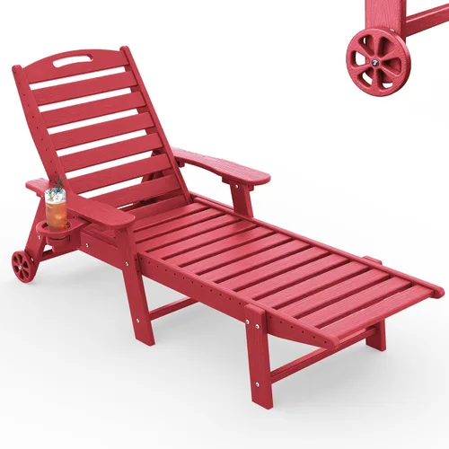 Vista 14 de Tumbona al aire libre, silla de descanso al aire libre con textura de madera, respaldo ajustable de 5 posiciones, silla de salón de polietileno