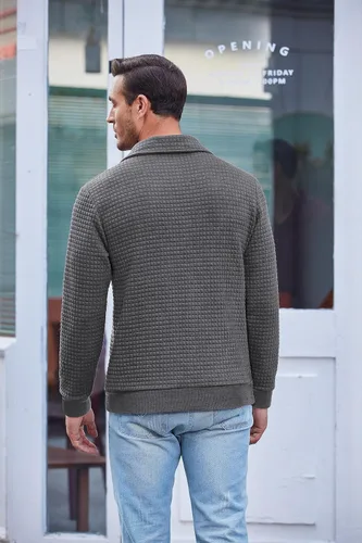 Vista 3 de COOFANDY Sudadera con cuello de cuarto para hombre, suéter de manga larga con diseño de gofres