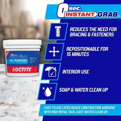 Vista 4 de Loctite Power Grab Express - Adhesivo de construcción multiusos, blanco, cubo de 1 galón, 1 paquete, pegamento de construcción versátil