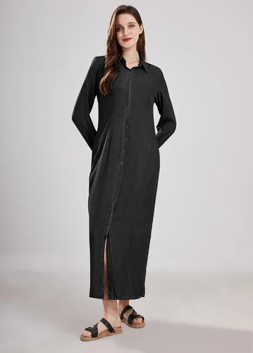 Vista 18 de utcoco Vestido largo casual de mezclilla con botones para mujer, con solapa, manga larga, con bolsillos