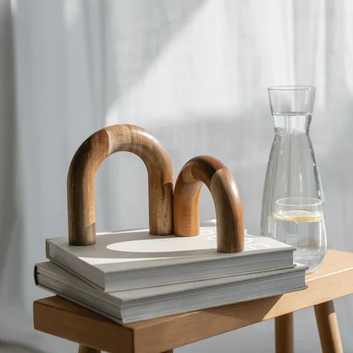 Vista 6 de PEAKOLY Decoración de estantería de arco de madera, detalles modernos de decoración de estantes, objetos decorativos para mesa de café, esculturas