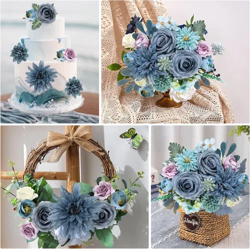 Vista 5 de AmyHomie - Juego de flores artificiales azules, mezcla de seda, peonía, rosa, hortensia, flores falsas con tallo para bricolaje, ramos de boda