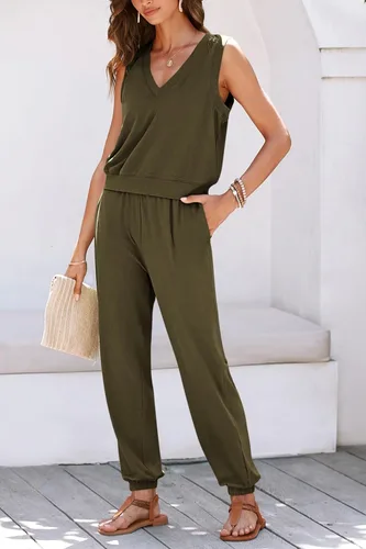 Vista 4 de PRETTYGARDEN Conjunto deportivo de verano de 2 piezas para mujer, con cuello en V, camiseta sin mangas, pantalones deportivos, casuales