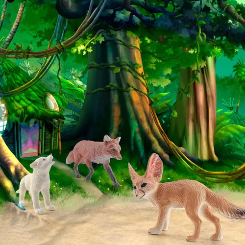 Vista 2 de Juego de 3 figuras de zorro del desierto, juego de figuras de lobo, bosque, bosque, animales, juguetes de plástico, figura de regalo para niños