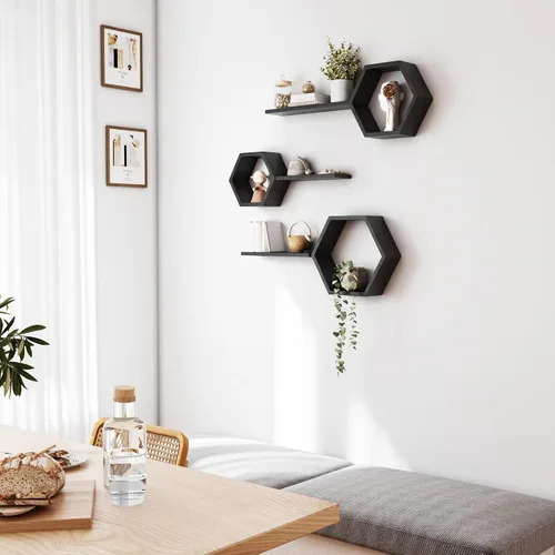 Vista 5 de Estantes flotantes hexagonales de madera para montar en la pared, juego de 6 estantes hexagonales de madera de pino para fotos, plantas, estantes