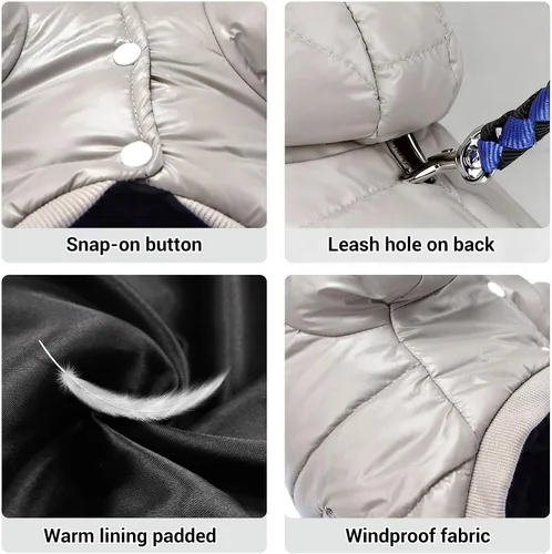 Vista 4 de LESYPET Abrigo para perro pequeño, chaqueta acolchada a prueba de viento para perros con agujero para correa, chaqueta extra cálida para perro, gris