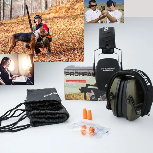 Vista 7 de PROHEAR 016 Shooting - Orejeras de protección para los oídos, paquete de 2, NRR 26dB para rango de armas, caza, negro y verde