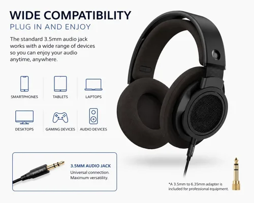 Vista 6 de PHILIPS SHP9500CY Over-Ear Open-Back Hi-Fi Headphones – 50mm Drivers, Lightweight Comfort Design, Wide Soundstage, Detachable Cable, Home Audio