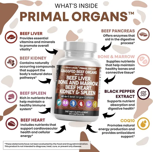 Vista 3 de Cápsulas de hígado de res alimentada con pasto de Clean Nutraceuticals - Suplemento de calidad premium empaquetado con corazón de res, bazo