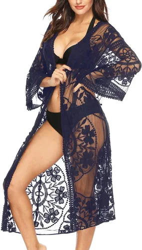 Vista 5 de Cárdigan de Encaje para Mujer de Crochet Floral Transparente Cobertor de Playa Kimono Largo Abierto