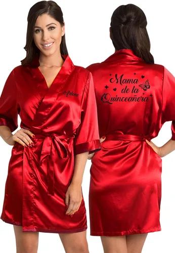 Vista 6 de Zynotti Batas de satén de quinceañera personalizadas con purpurina para toda la familia, bata de quinceañera