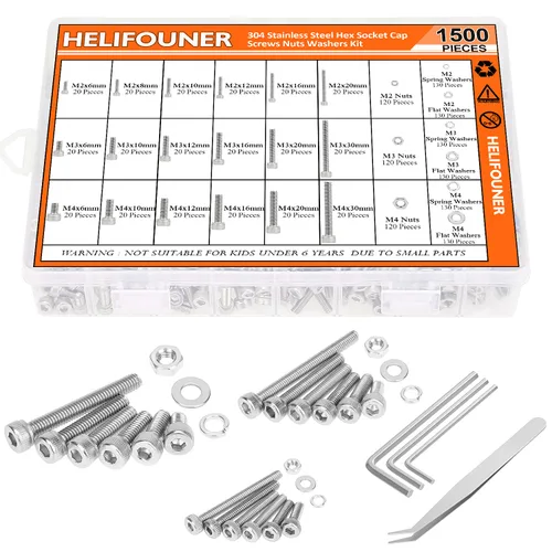 Vista 12 de HELIFOUNER 1500 piezas M2 M3 M4, cabeza de botón de acero inoxidable 304, tornillos métricos, pernos, arandelas, tuercas, kit surtido de accesorios