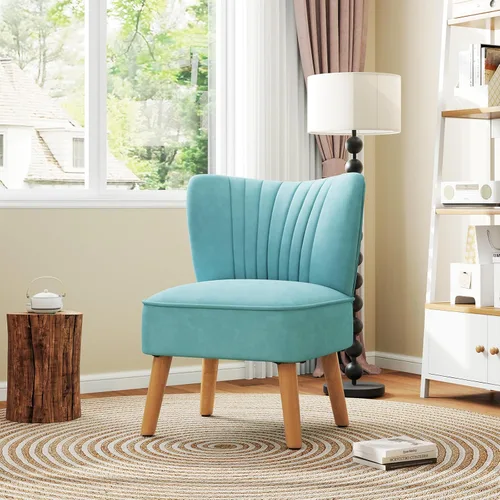 Vista 3 de KOMFOTT Silla decorativa de terciopelo, moderna silla de sofá sin brazos con patas de madera de goma maciza, silla de ocio con respaldo de ala