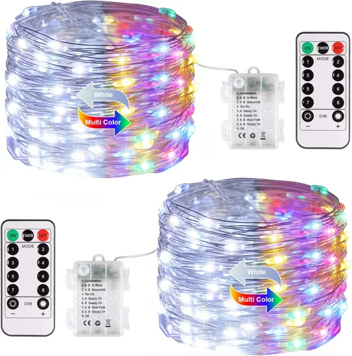 Vista 30 de JMEXSUSS Paquete de 2 Luces de Hadas Verdes a Batería, Total 200 LED 66 pies Luces de Cadena Parpadeantes con Control Remoto, 8 Modos de Luces