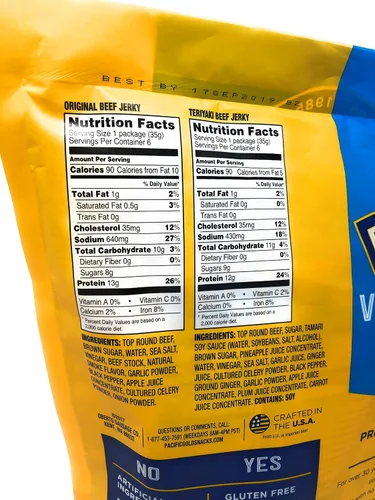 Vista 2 de Pacific Gold Beef Jerky Original & Teriyaki, 12 unidades por bolsa (3 bolsas (36 unidades)