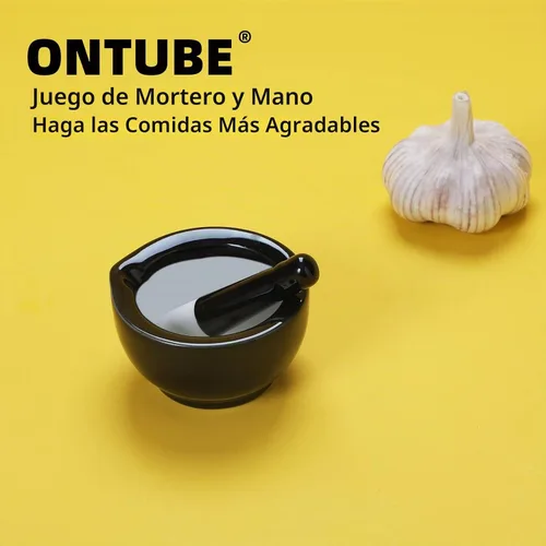 Vista 3 de ONTUBE Juego de mortero y mortero, juego de molinillo de especias y hierbas de cerámica y gres, triturador de píldoras (8.1 cm-Negro)