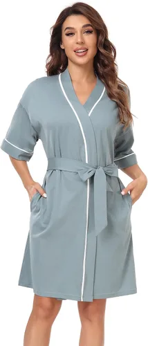 Vista 60 de COLORFULLEAF Bata de baño de manga corta para mujer, 100% algodón, longitud hasta la rodilla, con bolsillos