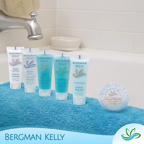Vista 6 de Bergman Kelly - Paquete de artículos de tocador de hotel - Cascada tropical, 1 oz cada uno, 100 piezas - Juego de 4 piezas: 25 jabón en barra