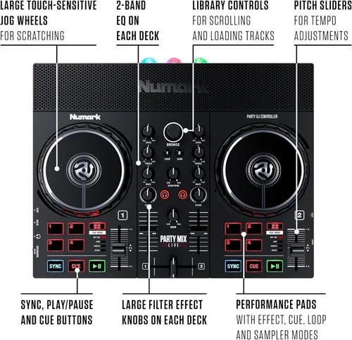 Vista 5 de Numark Party Mix Live DJ Controller con altavoces, luces, 2 cubiertas, mezclador, interfaz de audio y Serato Lite