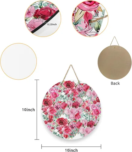 Vista 6 de Seasonal Front Door Welcome Sign, Valentine's Day Red Pink Rose Flower Green Leaves Round Wood Wreaths Wall Hanging Sign for Outdoor Porch Wall