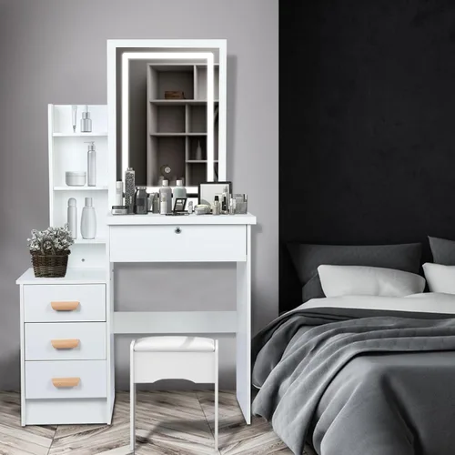 Vista 3 de Escritorio de tocador con espejo iluminado LED, mesa de tocador de maquillaje con 4 cajones para dormitorio, baño, tocador con luces, tocador