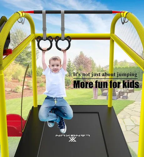 Vista 7 de Trampolín rectangular de 6.5 pies con columpio de baloncesto para escalada al aire libre para niños, trampolines de recreación con red de seguridad