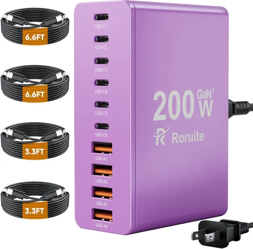 Vista 9 de Estación de carga USB C de 10 puertos con 4 cables USB, bloque de cargador GaN tipo C de 200W, adaptador de enchufe de regleta de alimentación