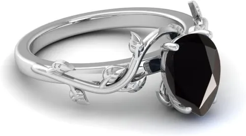 Vista 3 de foreverblings Anillo de plata de ley 925 de ónix negro, anillo de plata de ley corte de pera, anillo de declaración de hoja de vid para mujer