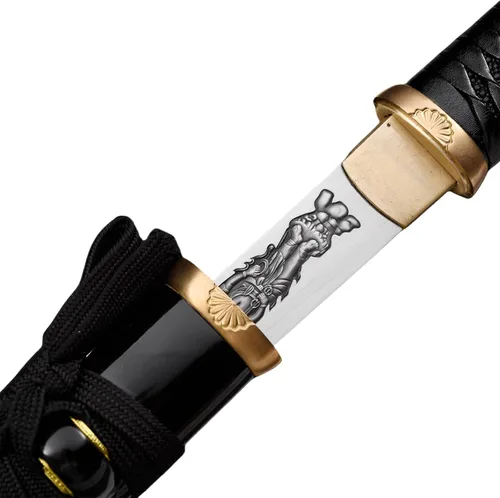 Vista 4 de Hoja de crisantemo japonesa real hecha a mano tanto corta katana samurái real de 13 pulgadas 1065 hoja de acero de resorte de acero de espiga