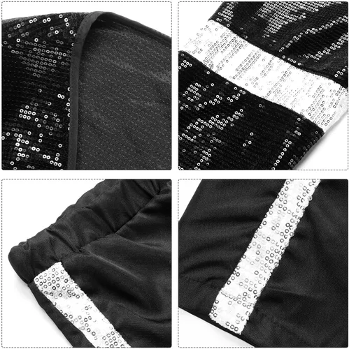 Vista 6 de DreamJ Disfraz de baile de lentejuelas para niños, disfraz de Halloween con chaqueta, camiseta, guante, juego de rol, disfraz de baile