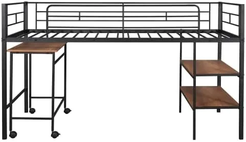 Vista 6 de anwickjeff Moderna cama baja tipo loft tamaño individual con escritorio y 2 estantes de almacenamiento para niños y adultos, marco de cama de metal