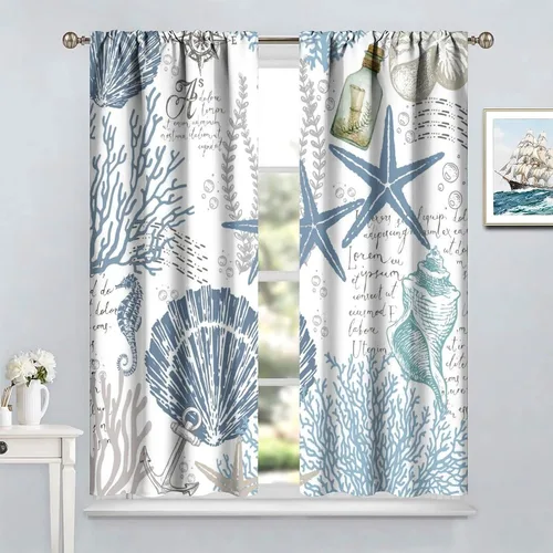Vista 22 de Cortinas de decoración de playa con océano azul, peces náuticos costeros playeros de verano, conchas marinas, temática infantil, dormitorio, sala