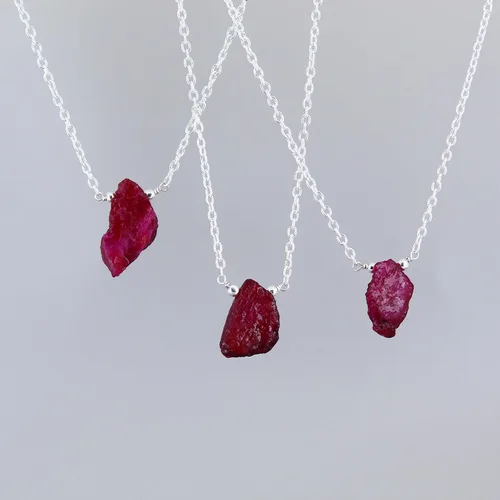 Vista 2 de Gempires Natural Raw Ruby Pendant Necklace for Women, Raw Stone Necklace, Ruby Crystal Jewelry, July Birthstone,16 + 2 Inch Silver Plated Adjustable