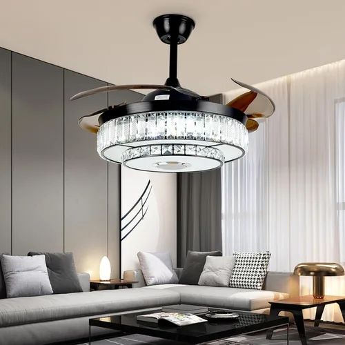 Vista 6 de Ventilador de techo retráctil de 42 pulgadas con luz y control remoto, candelabro negro cristal, moderno, comedor