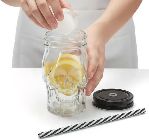 Vista 3 de TOPZEA Paquete de 6 tazas Mason Jars de 16 onzas, tazas de cristal con diseño de calavera, vaso con pajitas, vasos de bebida a la antigua, base