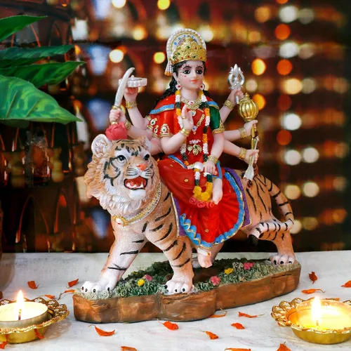 Vista 2 de alikiki Diosa hindú Durga Estatua grande – 8.5 pulgadas Dios indio Durga MATA Ídolo en la estatua de tigre India Murti Casa Oficina Templo Mandir