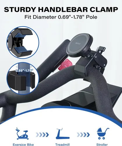 Vista 4 de OQTIQ Soporte para teléfono para bicicleta de ejercicio Peloton, abrazadera resistente y soporte magnético fuerte de 17 N54 para cinta de correr