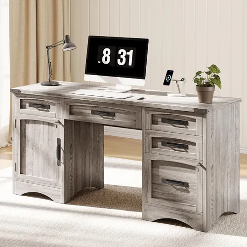 Vista 9 de Decofy L Shaped Farmhouse Executive Desk with Drawers, Grey Gris
