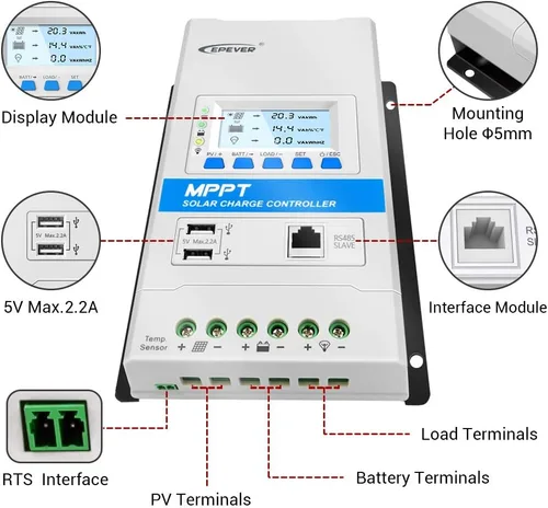 Vista 2 de EPEVER 30A MPPT Controlador de carga solar 12V/24V Trabajo automático Max PV 100V Diseño modular Paneles solares MPPT Regulador con pantalla LED