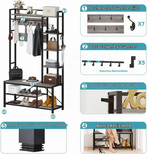 Vista 3 de BON AUGURE Árbol de pasillo con banco y almacenamiento para zapatos, banco de entrada con perchero, árbol de abrigos de madera y metal con ganchos