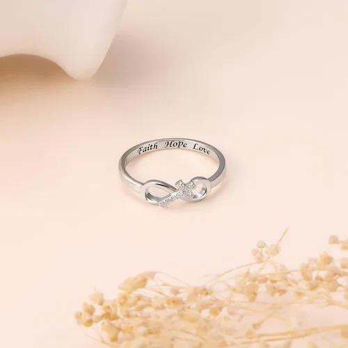 Vista 4 de DAOCHONG Anillo inspirador de plata de ley 925 grabada Faith Hope Love CZ Cross Infinity Ring para mujeres y niñas, regalo de Pascua