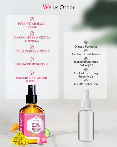 Vista 4 de Leven Rose - Tónico sin alcohol de hamamelis, 100% agua de rosas facial orgánica pura con pétalos de rosa, caléndula, pepino y flor de manzanilla, 4