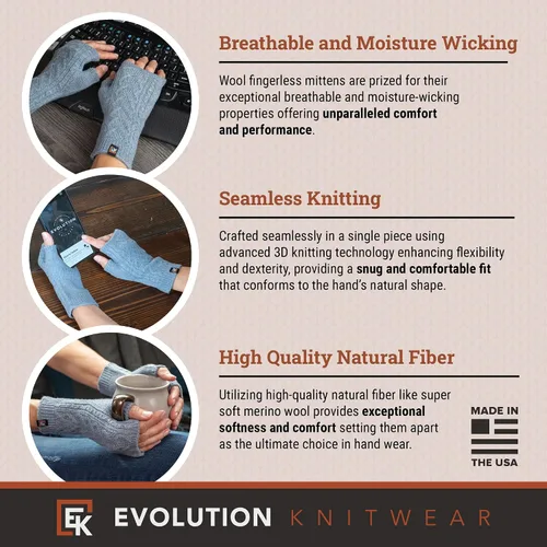 Vista 2 de Evolution Knitwear Guantes de lana de punto trenzado sin dedos, lana merino súper suave, fabricados en los Estados Unidos, talla S