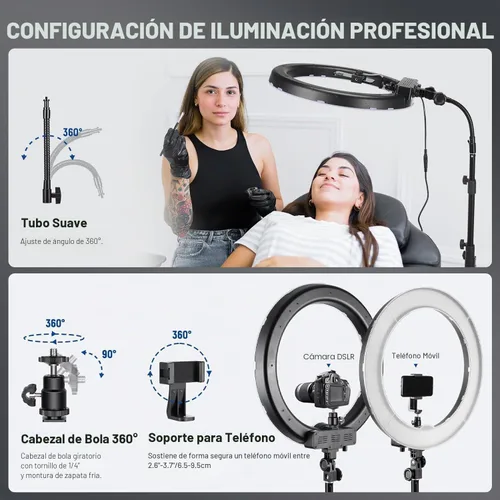 Vista 6 de NEEWER Luz de anillo de 18 pulgadas con soporte de trípode, luz de anillo LED grande de 55W, soporte para teléfono con zapata fría compatible