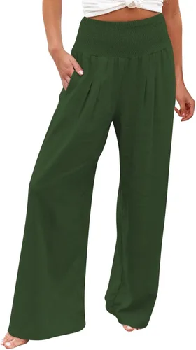 Vista 2 de oliwex Pantalones palazzo casuales de pierna ancha para mujer, pantalones palazzo de cintura alta para mujer, casuales con bolsillos