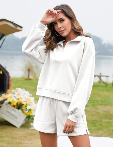 Vista 2 de Flygo Conjunto de 2 piezas de algodón para mujer, sudadera con media cremallera y pantalones cortos de cintura alta